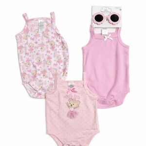 🌸 NWT Baby Girl Summer Outfit Bundle: 3 Bodysuits + Flower Sunglasses! 🌸